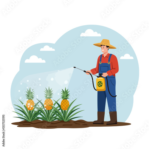 Farmer Spraying Pineapple Crop with Sprayer in the Field