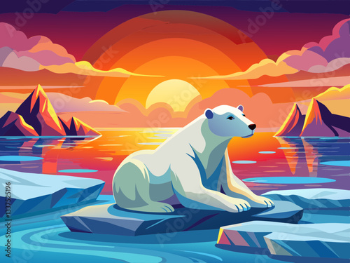 vector of  Polar bear resting on melting ice under a radiant sunset unaware of the imminent threat of climate change and global warming