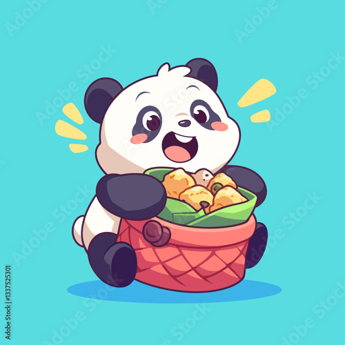 A cute cartoon panda happily holding a basket full of golden fruits on a vibrant blue background.