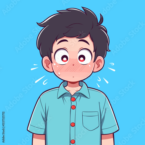 A shy cartoon boy with flushed cheeks and wide red eyes, wearing a blue shirt, looking embarrassed or nervous.