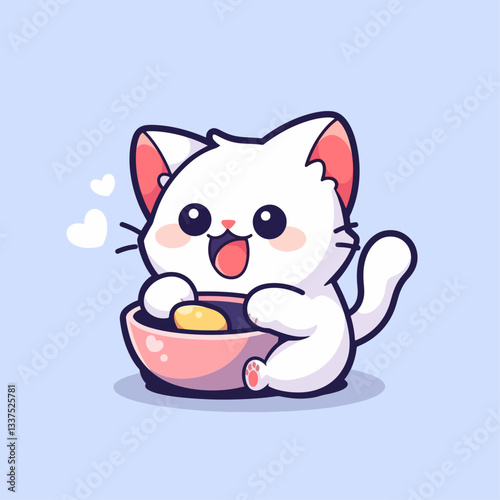 A cute cartoon white cat happily eating from a pink bowl with yellow food, showing joy and contentment.