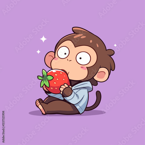 Cute cartoon baby monkey wearing a blue hoodie, sitting and happily eating a large red strawberry on a purple background with sparkles.