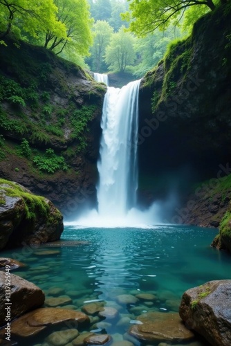 Serene waterfall cascading over moss-covered rocks into a crystal clear pool , nature, mountain, water