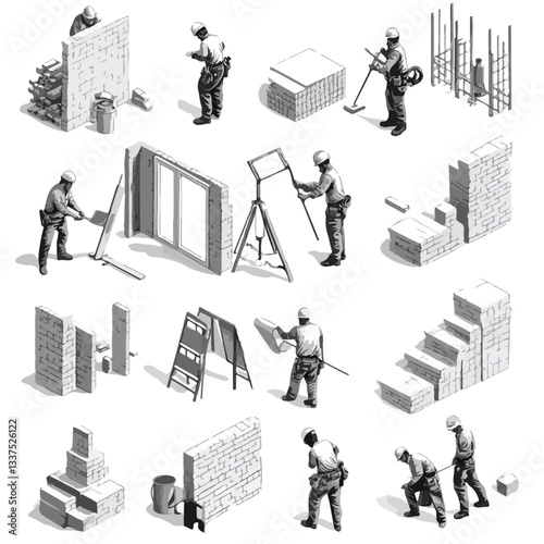 Isometric Builders and Construction Workers Painting in Vector Illustration