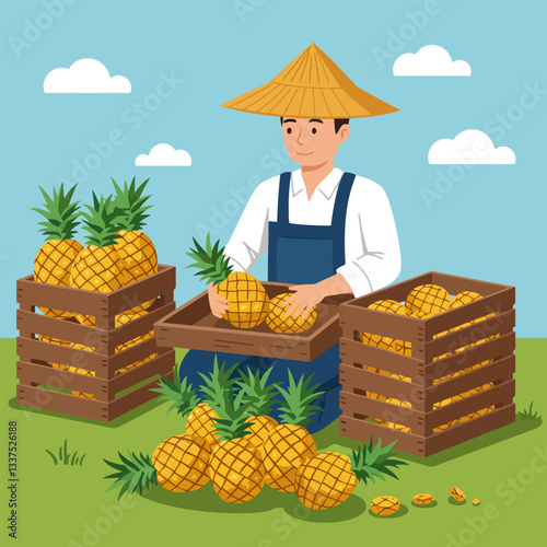 Harvesting Pineapple Fresh Fruits Man Working Crate Agricultural Crop