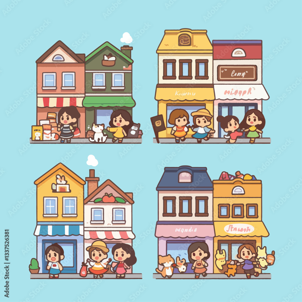 Obraz premium Cute cartoon illustration of people and animals in front of charming shops and houses, depicting a vibrant street scene with various small businesses and happy characters.