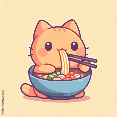 A cute cartoon orange cat happily eating ramen noodles with chopsticks from a blue bowl, with a simple, light yellow background.