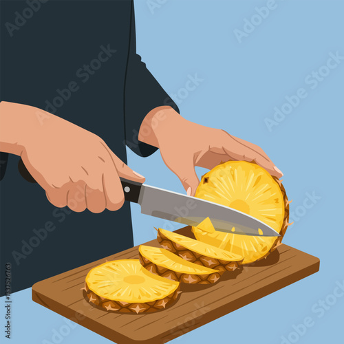 Slicing Ripe Pineapple on Wooden Board Preparing Fresh Tropical Fruit