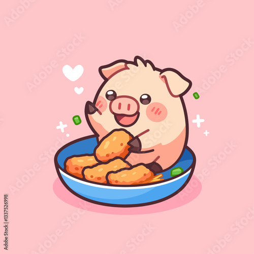 A cute cartoon pig happily eating golden fried chicken nuggets from a blue bowl with green sprinkles.