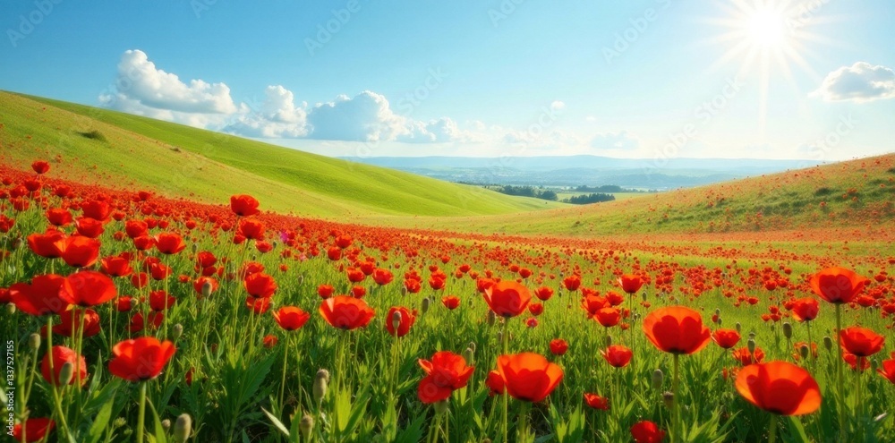 Rolling meadow ablaze with scarlet poppies under a clear sky , meadow, scenic Rolling meadow ablaze with scarlet poppies under a clear sky , meadow, scenic