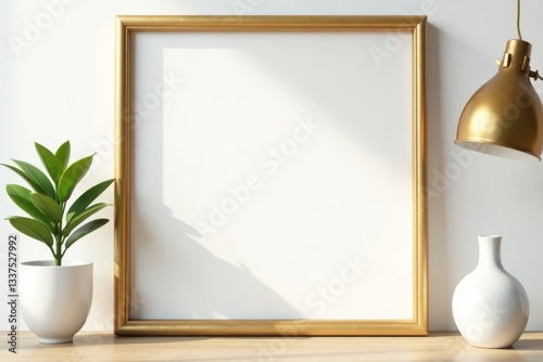 Simple gold wooden frame, clean white backdrop, white, simple, rectangle