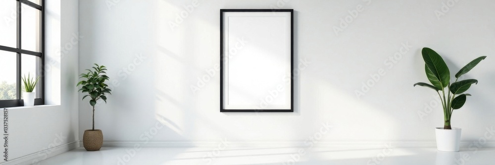 Sleek black frame on white wall, minimalist interior , simple, subtle, image Sleek black frame on white wall, minimalist interior , simple, subtle, image
