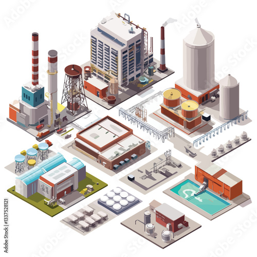 Modern Isometric Factory Buildings Complex for Industrial Design