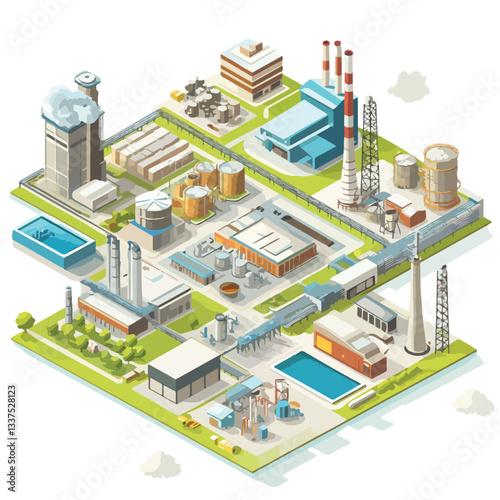 Modern Isometric Factory Buildings Complex for Industrial Design