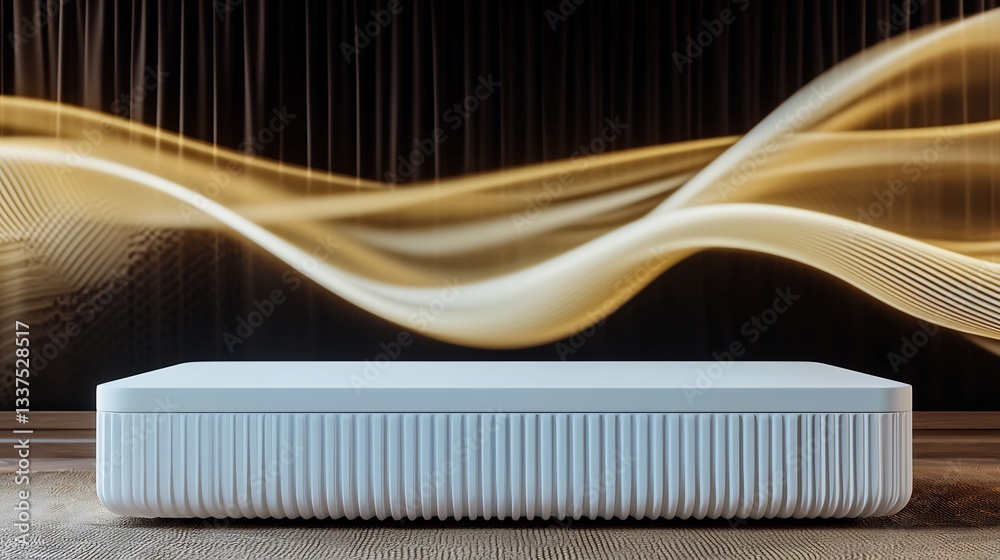 Modern white podium with golden abstract waves. Modern white podium with golden abstract waves.