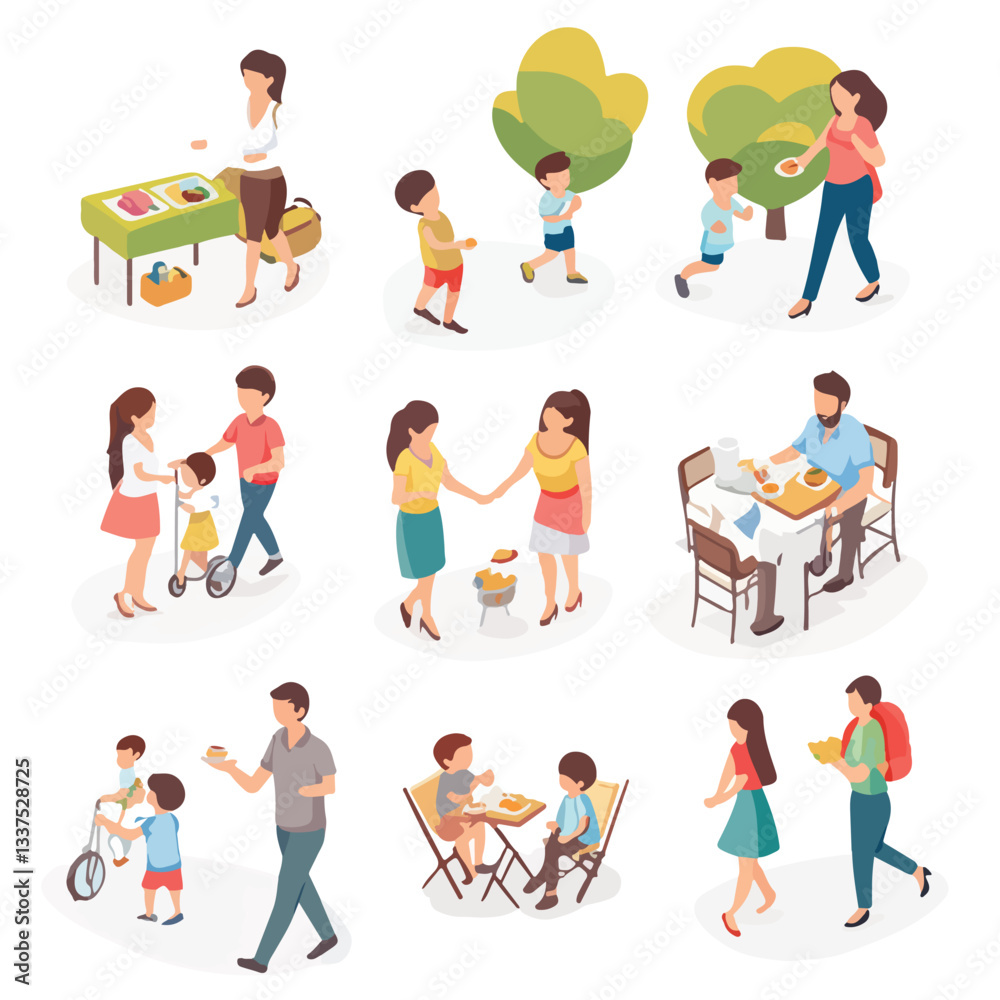 Fototapeta premium Isometric Family with Kids - Parents with Children in Vector Art