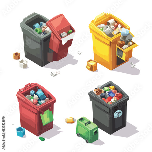 Isometric Waste Bins and Trash Cans Collection Vector Illustration