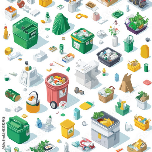 Isometric Waste Bins and Trash Cans Collection Vector Illustration