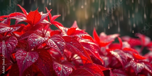 Dew-kissed crimson leaves, glowing softly in the rain's gentle light, vibrant, nature photography