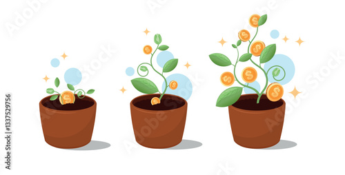 Gold dollar coins growing on a green plant. Concept of growth savings, smart investment and passive income. Money plant growing illustration.