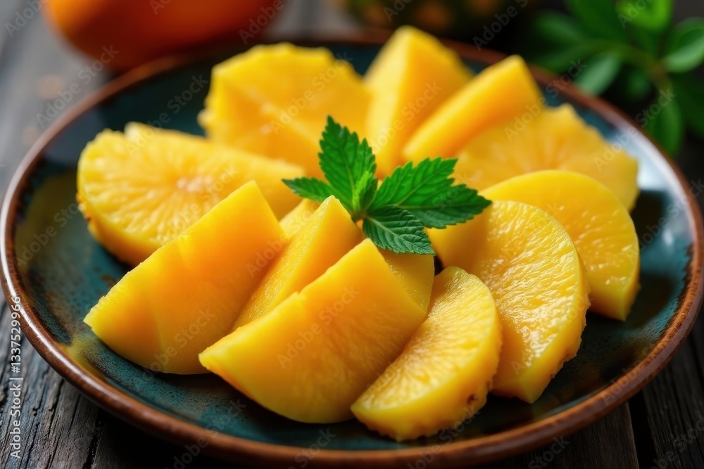 Vibrant mango, pineapple, papaya slices arranged artfully on a rustic plate , nutrition, cut fruit Vibrant mango, pineapple, papaya slices arranged artfully on a rustic plate , nutrition, cut fruit