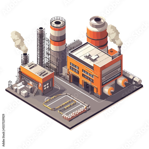 Isometric Industrial Buildings and Factory Plants Vector Illustration