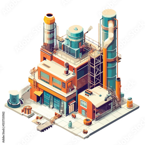Isometric Industrial Buildings and Factory Plants Vector Illustration