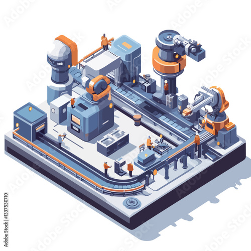 Isometric Manufacturing: Workers in Action Assembling Machinery