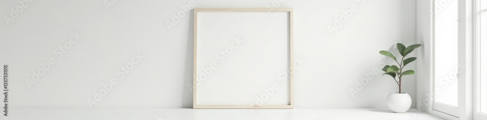 Obraz premium Blank white wooden frame on white wall Minimalist interior design , wall, aesthetic