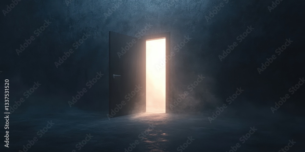 Mysterious glowing doorway in a dark, foggy room. Mysterious glowing doorway in a dark, foggy room.