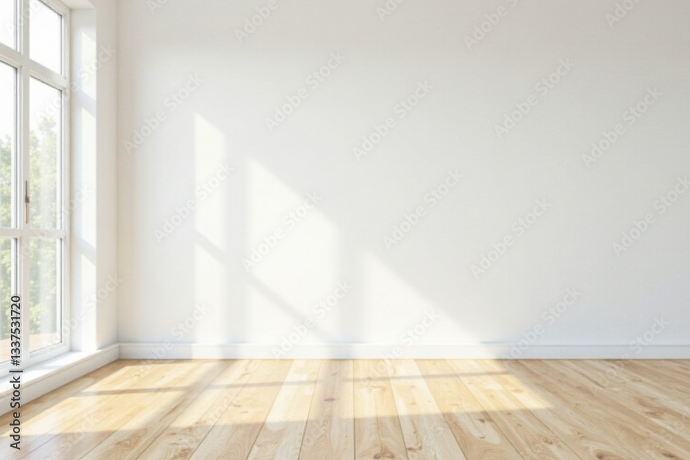 Bright empty room, light wood floor, large white wall , texture, minimalist Bright empty room, light wood floor, large white wall , texture, minimalist