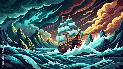 vector of stormy sea with massive waves crashing against a weathered pirate ship, dark clouds looming overhead, and lightning illuminating the horizon.