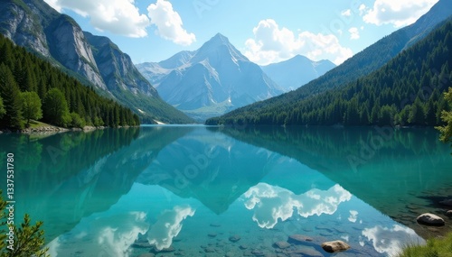 Crystal clear lake, perfect mountain mirroring , beautiful, peace, tranquil scene