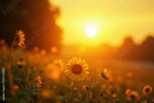 Golden sunburst, hazy sky, summer solstice vibes, light, warmth