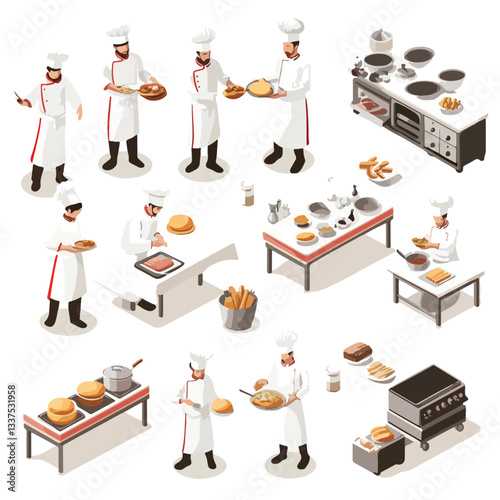 Isometric Professional Chefs Cooking Together