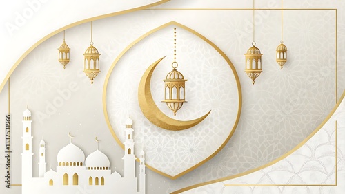 Elegant Crescent Moon And Mosque, Glowing Lanterns Celebrating Ramadans Peaceful Spirit In A Soft, Ornate Design photo