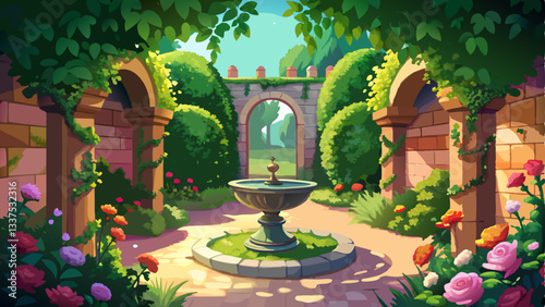 vector of secret garden hidden behind ivy-covered walls, with a stone fountain, winding pathways, and the sweet scent of blooming roses