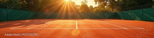 Empty clay tennis court, sunlit Lines sharply defined , match, ball, clay court