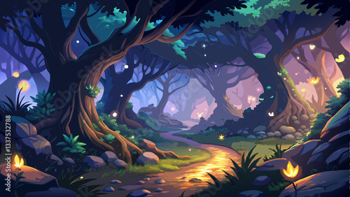 vector of magical forest clearing at dusk, where glowing fireflies dance among the twisted roots of ancient oak trees.