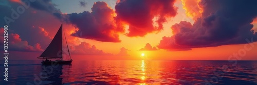 Fiery sunset paints sky, boats silhouette on calm sea, yacht, sunset