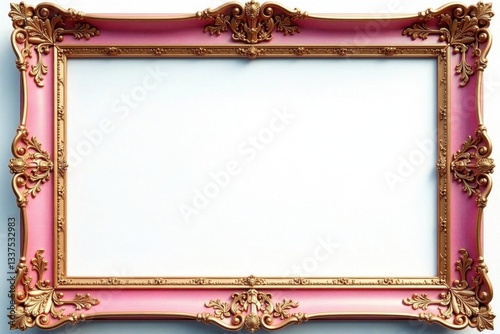 Intricate pink blue gold frame, white backdrop , graphic design, border
