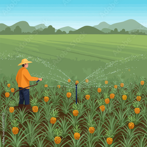 Farmer Watering Pineapple Field with Sprinkler System on Sunny Day