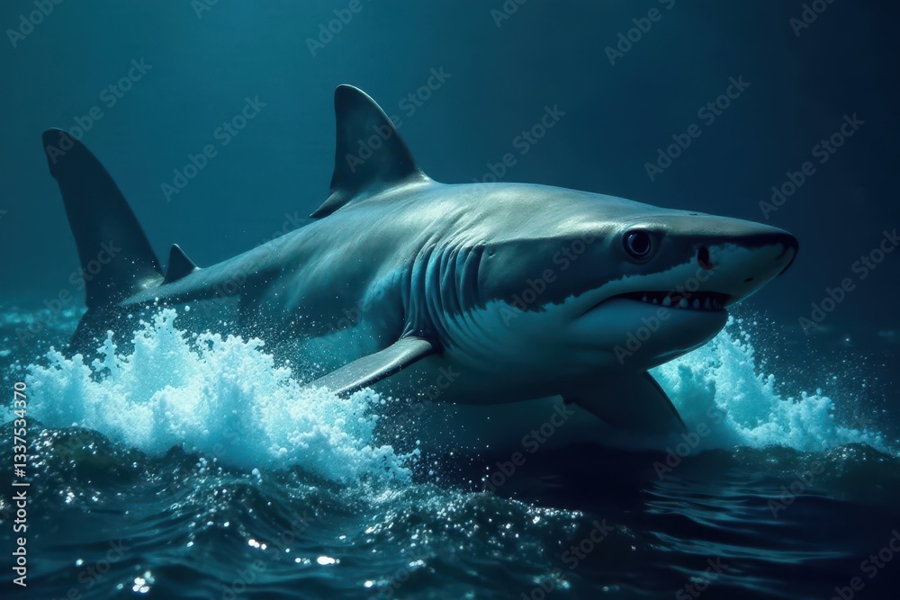 Fototapeta premium Immense shark cuts through dark ocean currents, visible dorsal fin, sea, marine, sea life