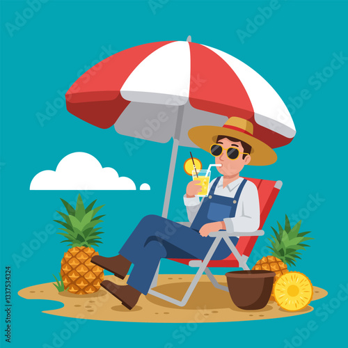 Man Enjoying Pineapple Drink Under Umbrella at the Beach Cartoon