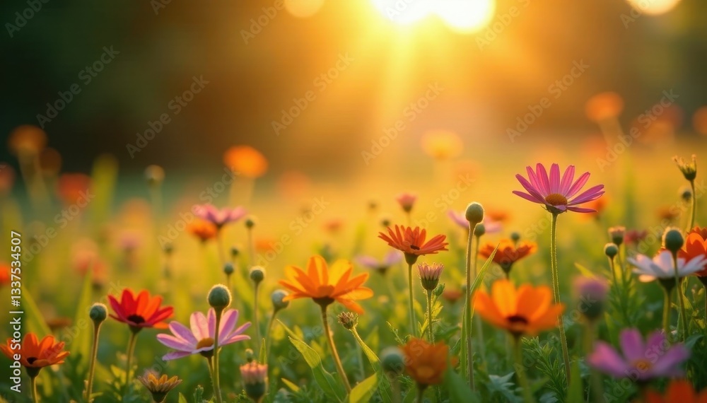 Fototapeta premium Golden sunbeams drench vibrant wildflowers, soft focus background , flora, bloom