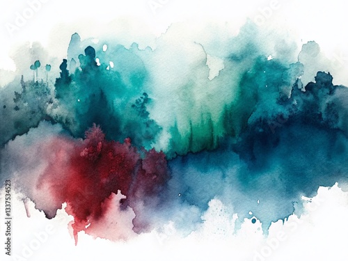 Abstract Watercolor Painting: Teal, Navy, and Burgundy Swirls on White Background