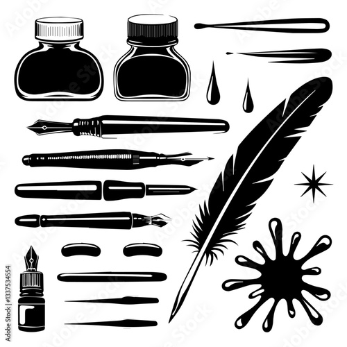 This is a black-and-white vector illustration featuring various calligraphy and writing tools, including quill pens, ink bottles, fountain pens, paintbrushes, and decorative lettering that says "Writi