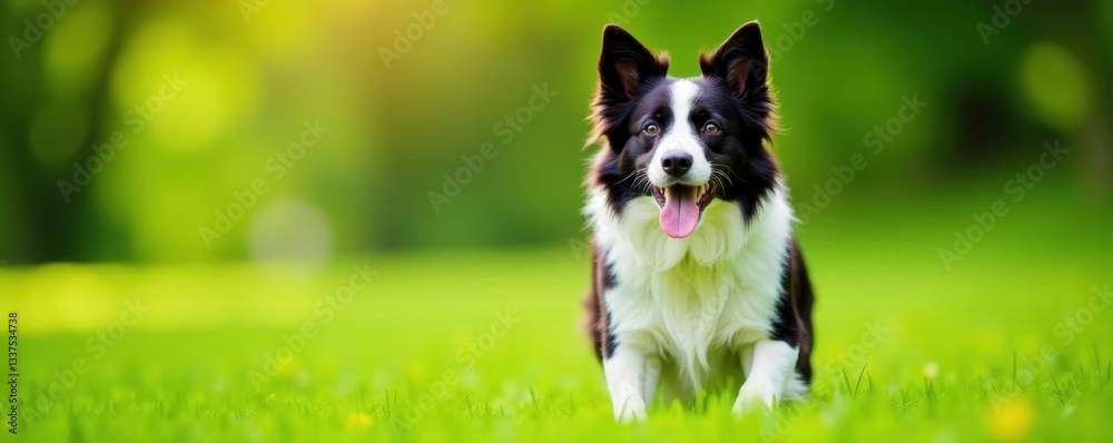 Playful border collie, panting, lush green grass, animal, herding dog Playful border collie, panting, lush green grass, animal, herding dog