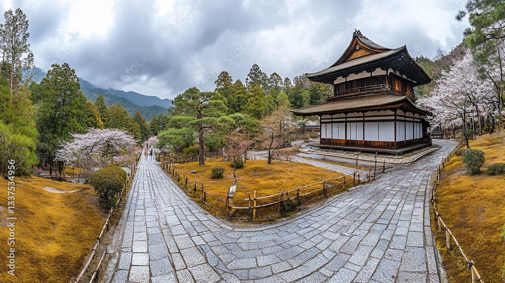 Obraz premium Serene Japanese temple garden. Cherry blossoms and moss-covered pathways lead to a traditional wooden pagoda