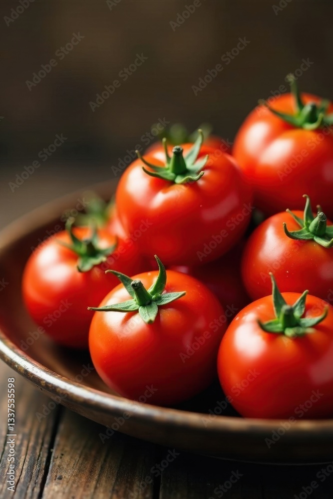 Plump, juicy red tomatoes overflowing a rustic plate , photo, plate Plump, juicy red tomatoes overflowing a rustic plate , photo, plate